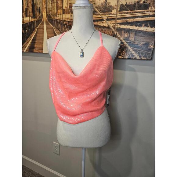 PrettyLittleThing Hot Pink Sequin Cowl Halter Crop Top A75 - Picture 1 of 3